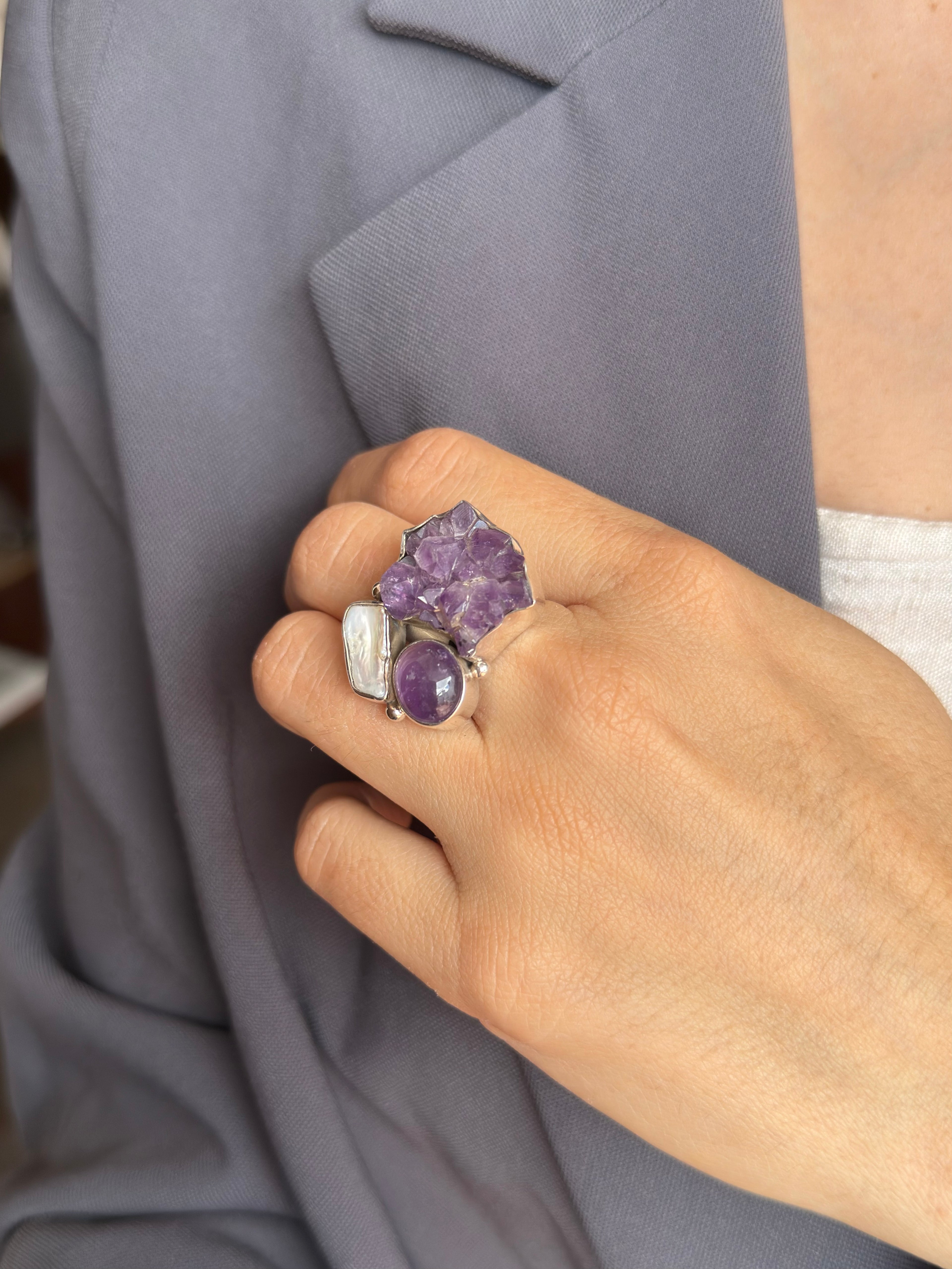 Anillo Amatistas y Perla