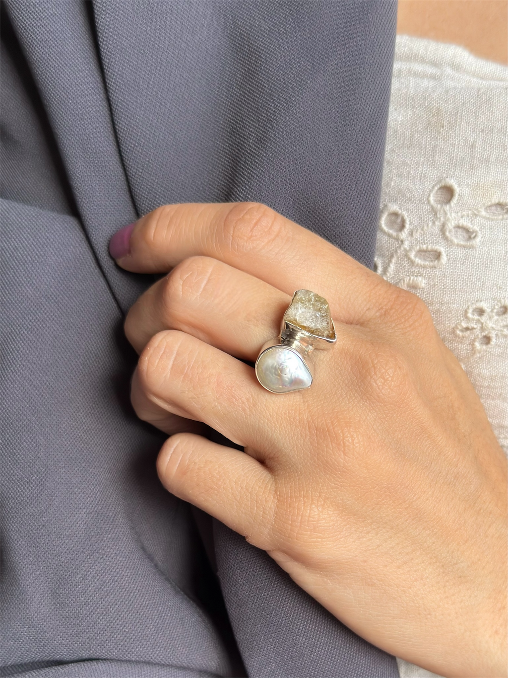 Anillo Citrino & Perla