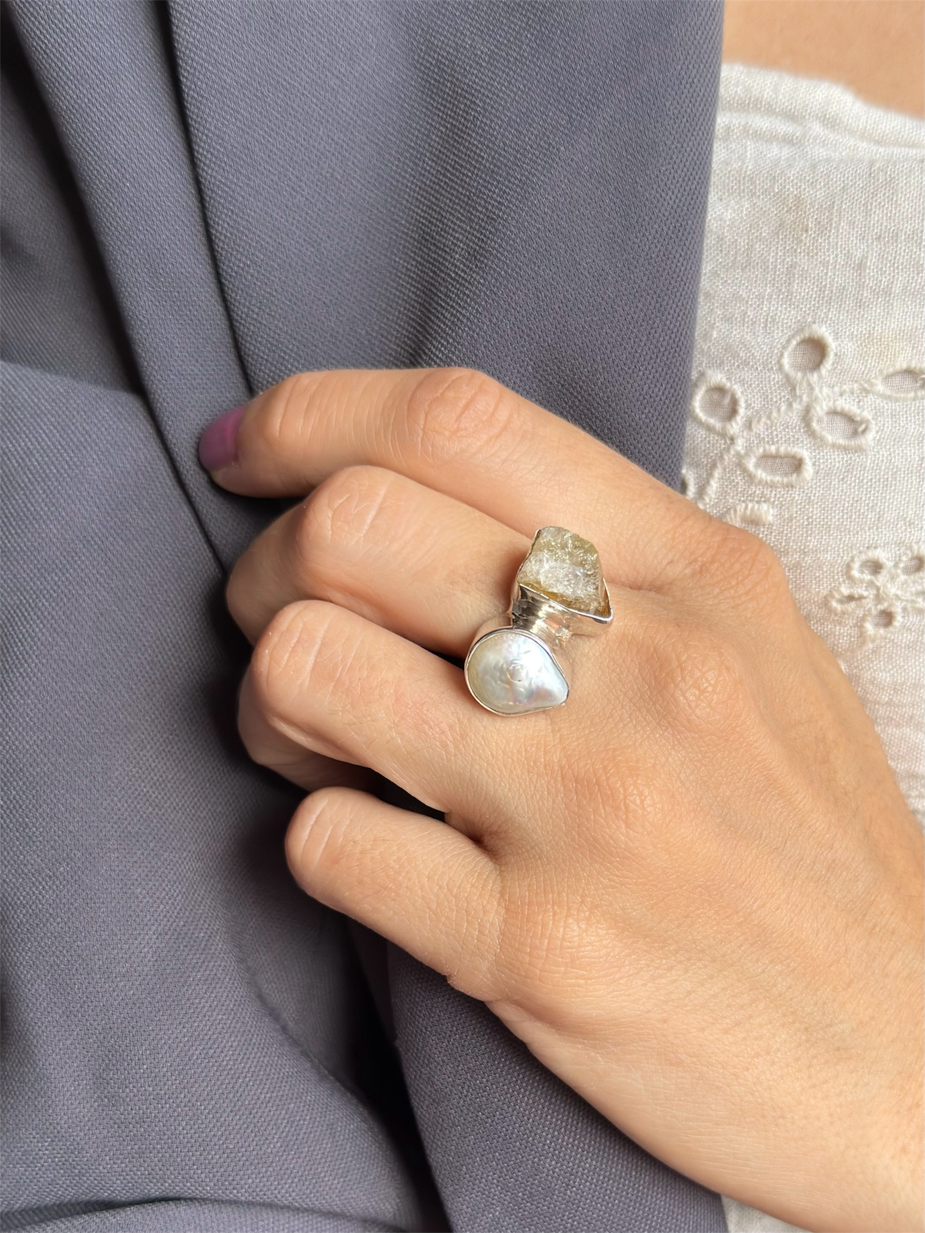 Anillo Citrino & Perla